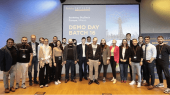 Batch 16 founders with SkyDeck and Cariplo Factory staff at SkyDeck Europe’s Demo Day, held at Human Technopole in the Milano Innovation District of Milan, Italy.